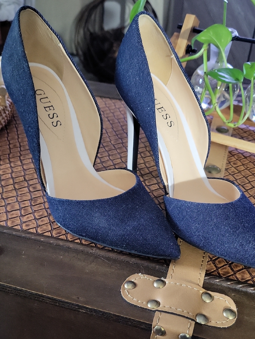 GUESS Dark Blue Denim Pointed-Toe Stiletto Pumps